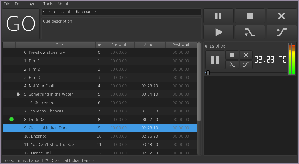 Main list view of Linux Show Player containing a standard navigation bar, list of cues, list of playing tracks, and media actions per-track or globally.