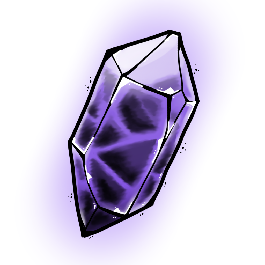 Purple angled crystal with thick edges, larger black patches, fewer white highlights, and some black dots on the outside