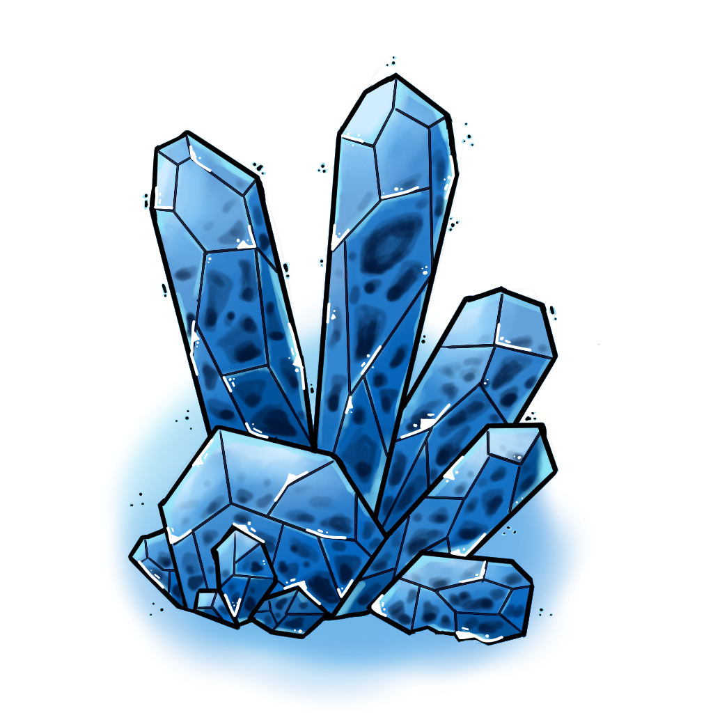 Collection of five longer blue crystals and six smaller, circular blue crystals, all with lighter black patches, white highlights, and a blue background glow