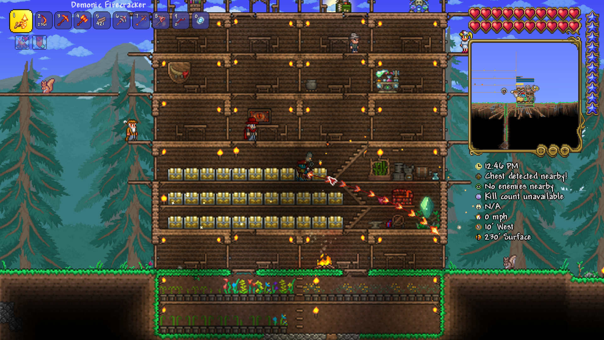 Terraria base with a grid of rectangular rooms made of wood in a forest biome. NPCs live in various rooms with the central chest area in the center.